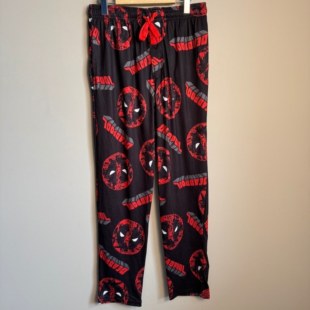 Marvel Deadpool Sleep Pants Black Red Logo Graphic Pajama Bottoms Mens‎ Small